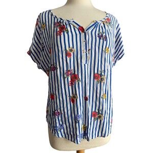 Grand & Greene Floral Blue & White Top Blouse Size Large